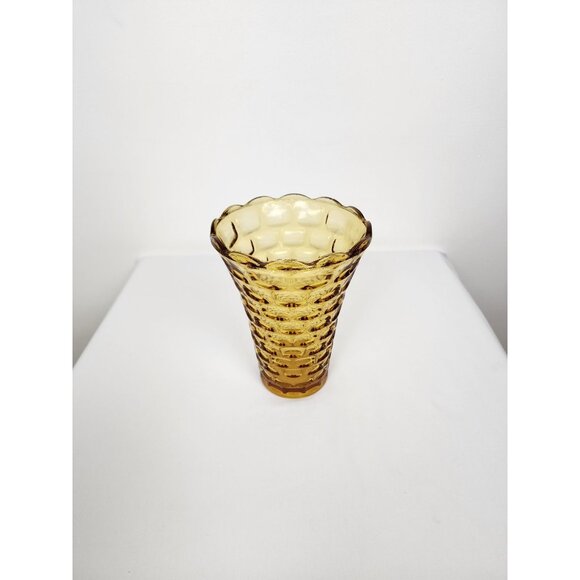 Vtg 60s Mid Century Modern Glass Yellow Amber Vase Textured Honeycomb Pattern - Picture 8 of 13